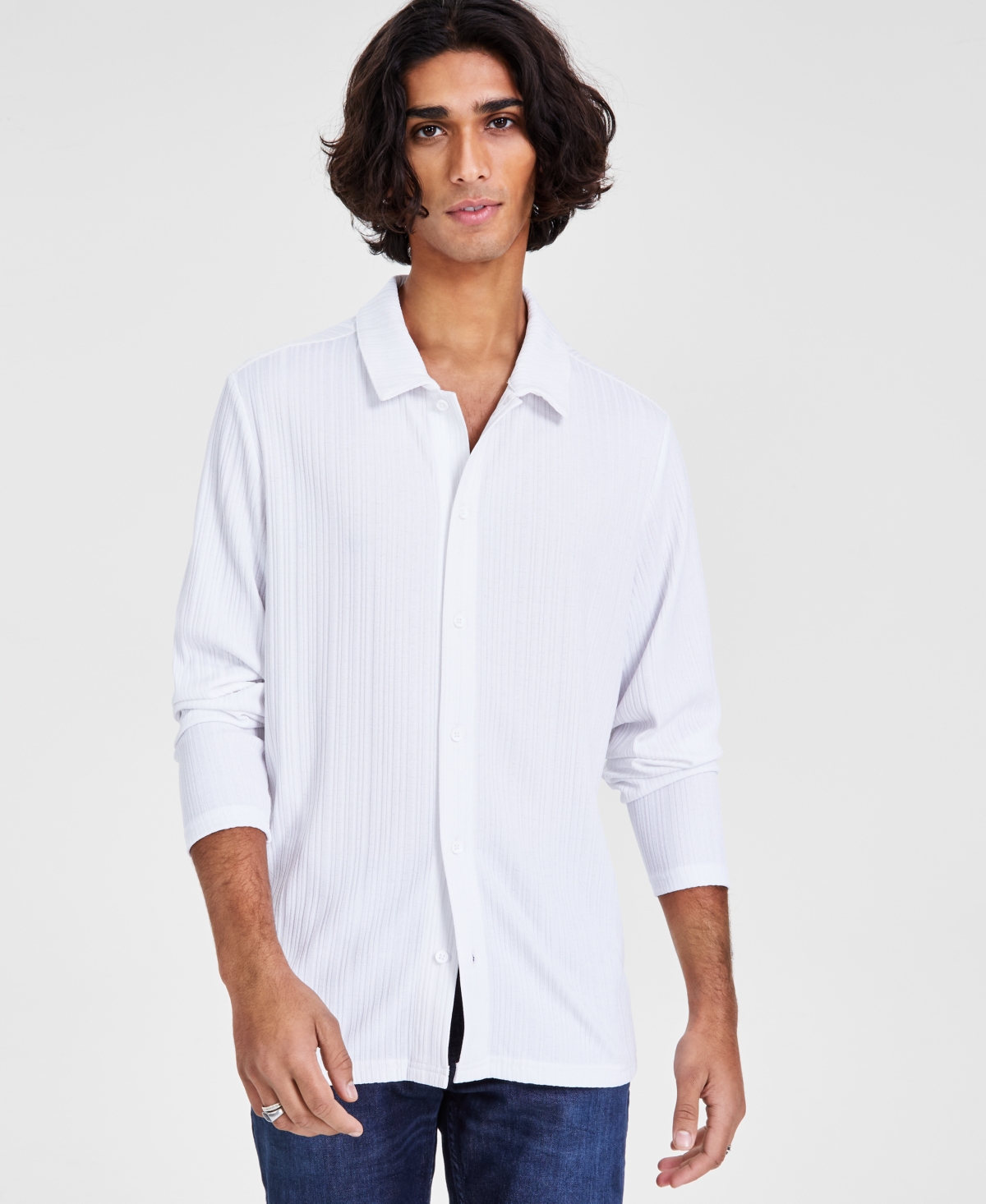 Inc International Concepts Men's Regular-fit Ribbed-knit Button-down Shirt, Created For Macy's In Bright White