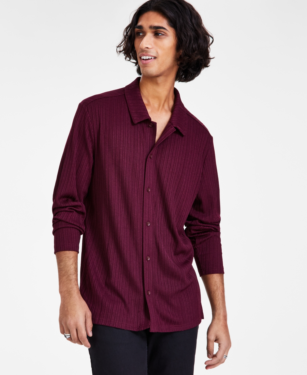 Inc International Concepts Men's Regular-fit Ribbed-knit Button-down Shirt, Created For Macy's In Vintage Wine