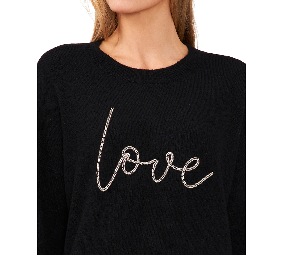CeCe Women's Beaded Love Script Crewneck Long-Sleeve Sweater