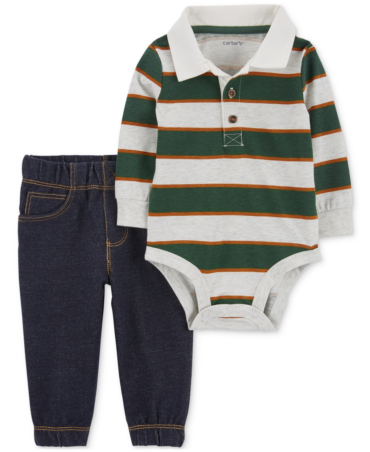 Carter's Baby Boys 2-pc. Stripe Long-sleeve Polo Bodysuit & Pants Set In Green,grey