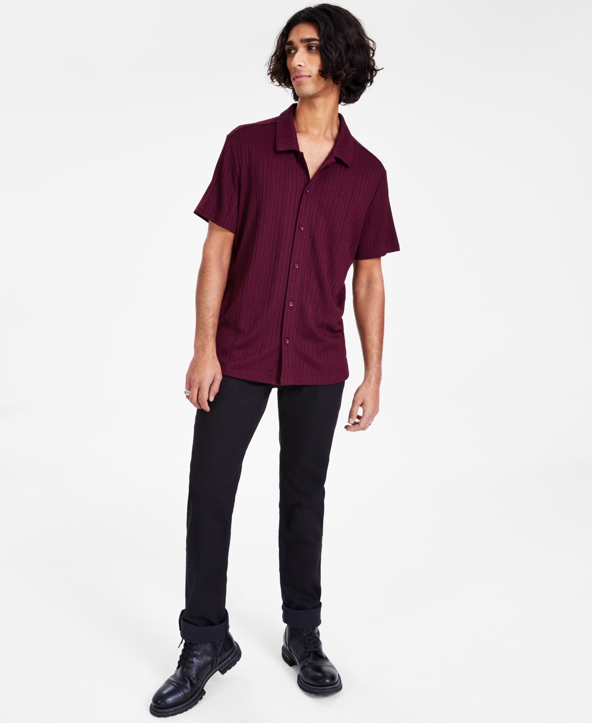 Shop Inc International Concepts Men's Rib Knit Button-up Short-sleeve Shirt, Created For Macy's In Red Polish