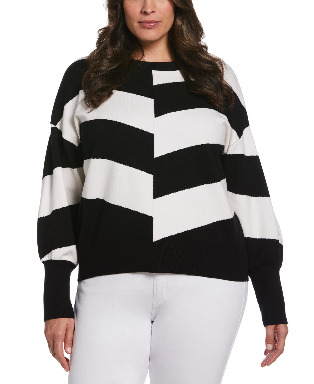 Plus Size Slouchy Long Sleeve Chevron Sweater - White