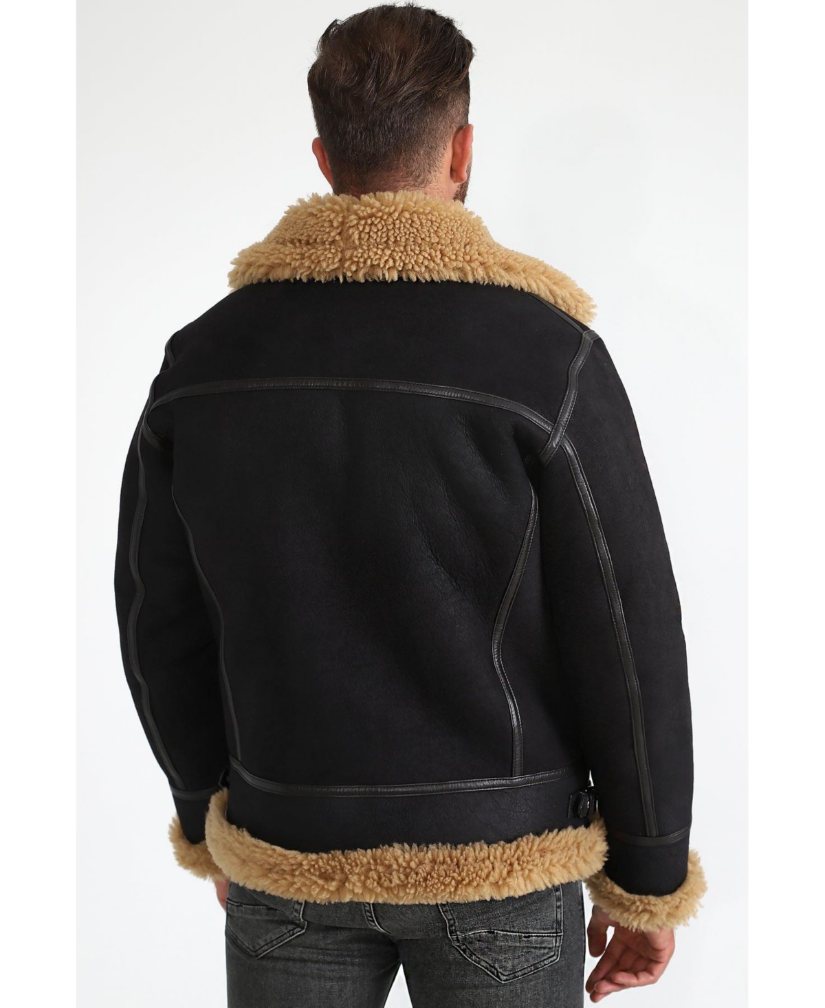 Furniq Uk Men's Shearling Aviator Jacket, Washedwith Ginger Curly Wool - Brown