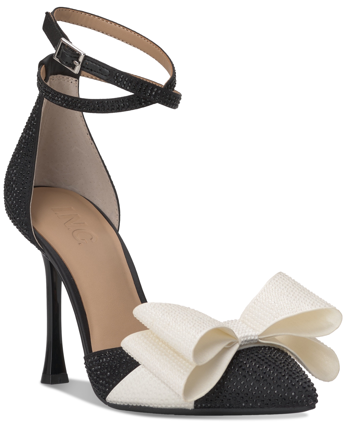 Inc International Concepts Women's Saori Bow Ankle-strap Pumps, Created For Macy's In Black,white Bling