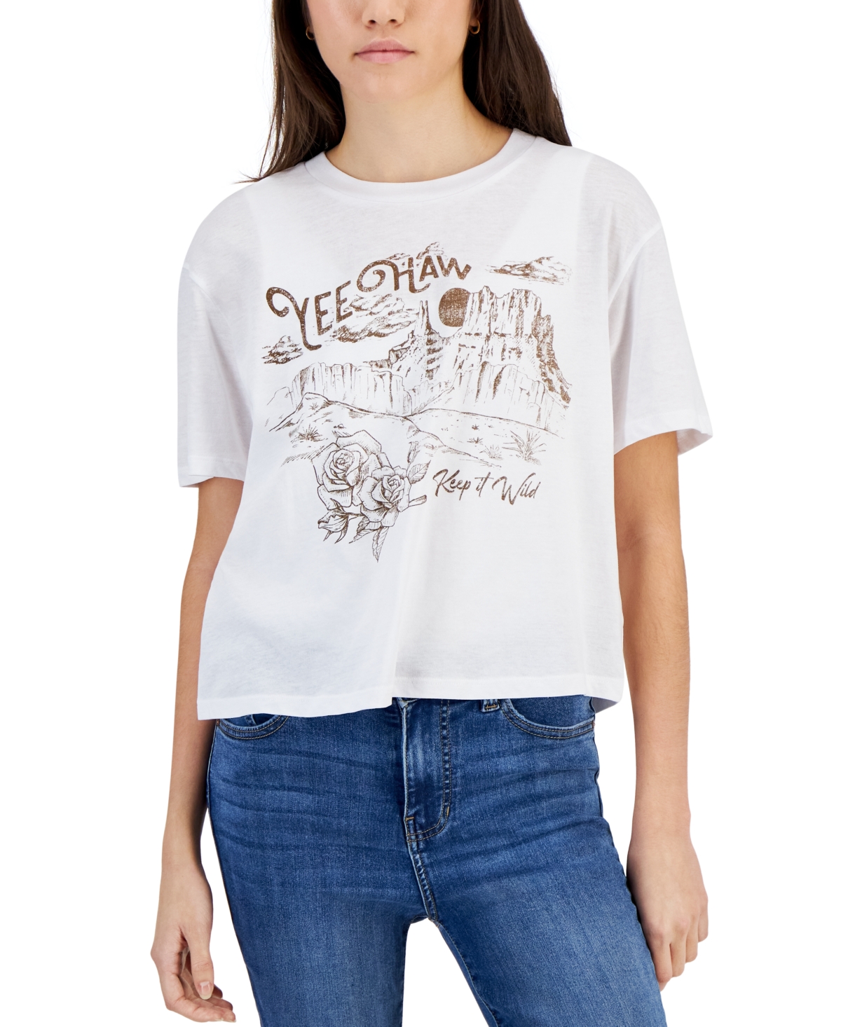 Rebellious One Juniors' Yee-haw Desert Graphic Cropped T-shirt In White