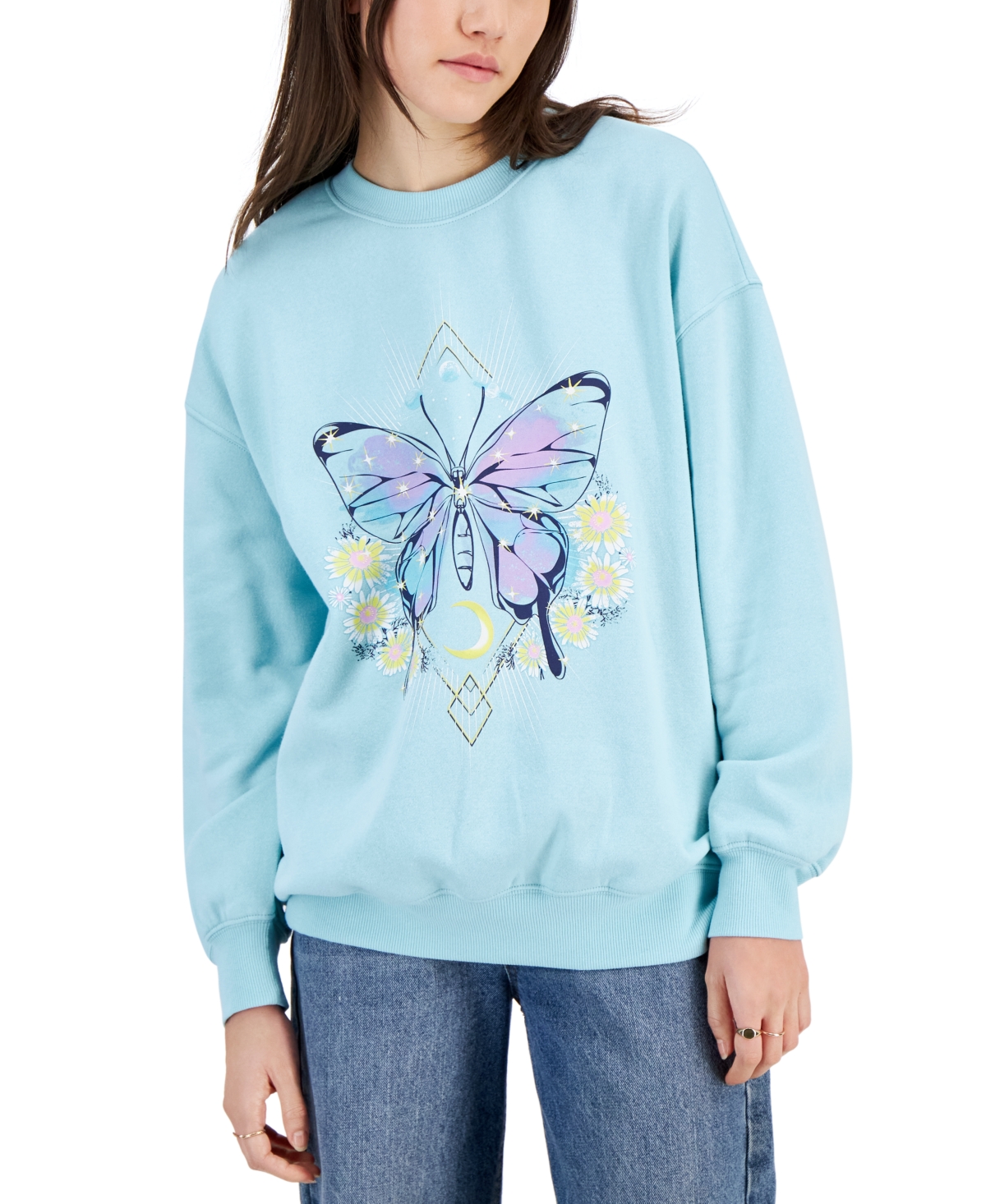 Rebellious One Juniors' Floral Butterfly Crewneck Fleece Sweatshirt In Blue Grass
