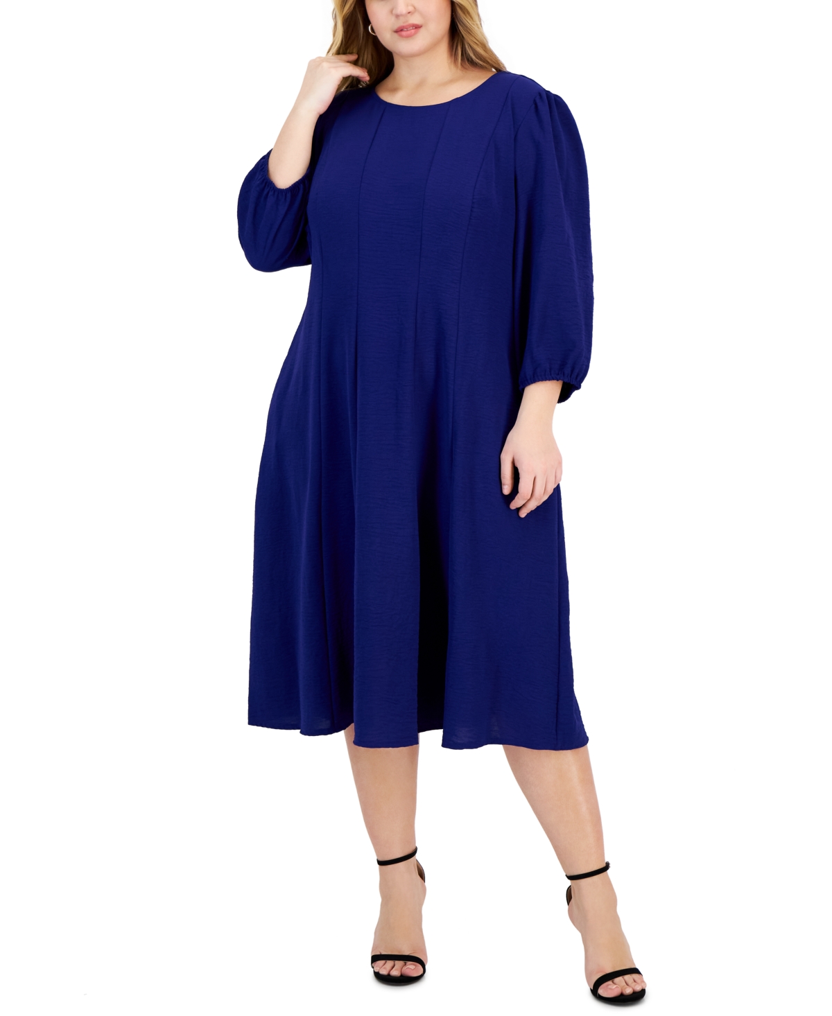 Connected Plus Size Puff-3/4-sleeve Midi Dress In Brightblue