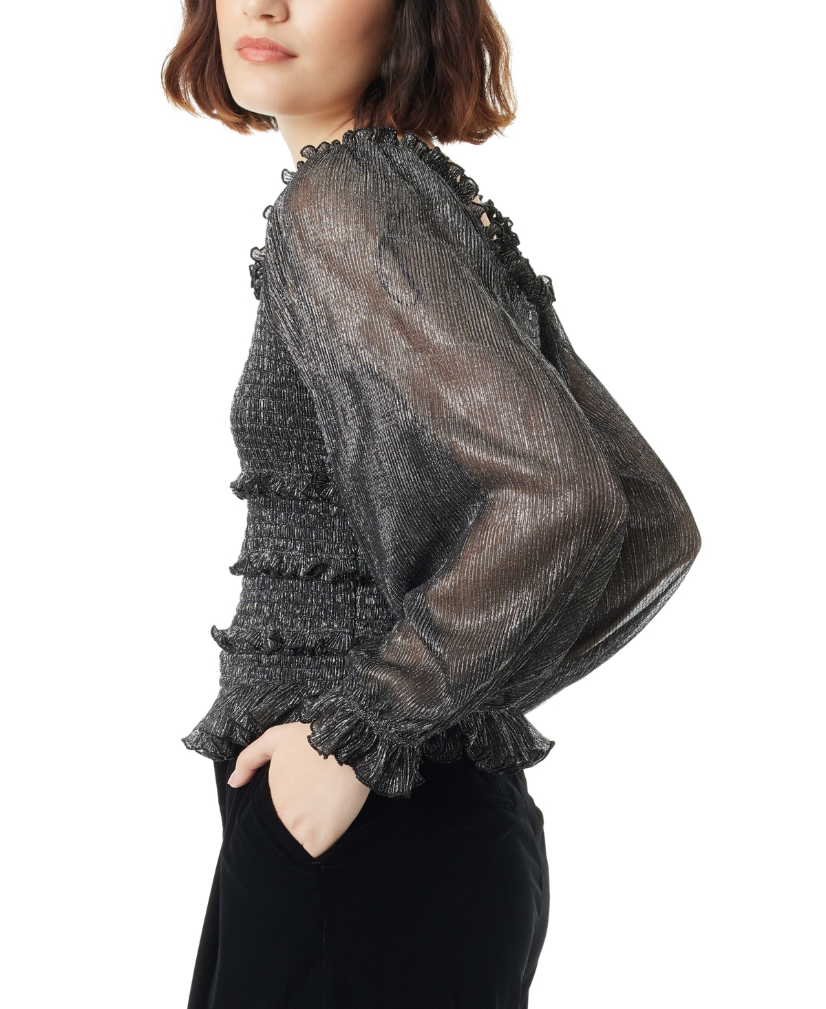 Shop Sam Edelman Women's Misha Smocked Long-sleeve Ruffle Top In Black