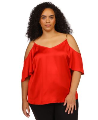 Michael Kors Women's Ruched One Shoulder Chain Top Red Size Large