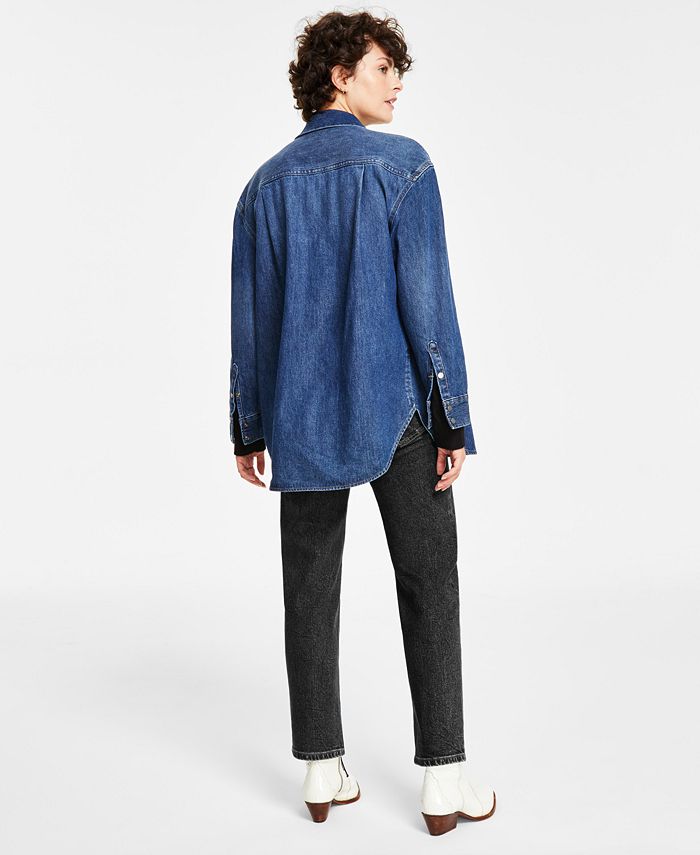 Calvin Klein Jeans Women's Oversized Denim Overshirt Jacket, Cable-Knit ...