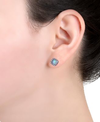 Simulated Opal & Pav&eacute; Halo Square Stud Earrings in Sterling Silver