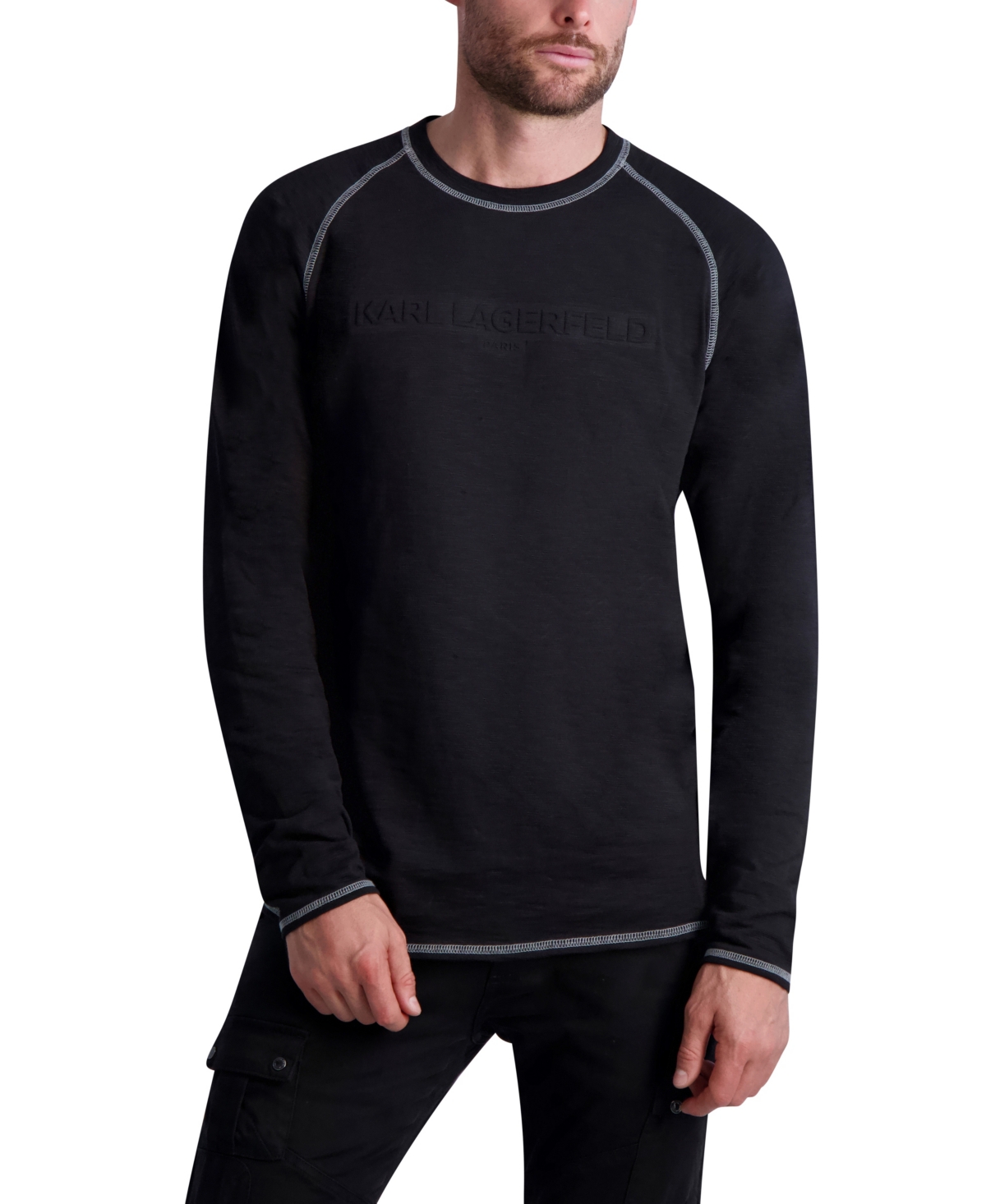 Shop Karl Lagerfeld Men's Long Sleeve Slub Raglan Embossed Logo T-shirt In Black