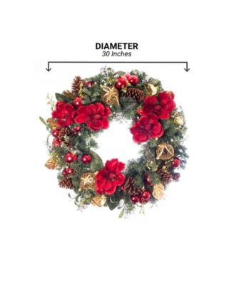 30" Lighted Christmas Wreath, Red Magnolia