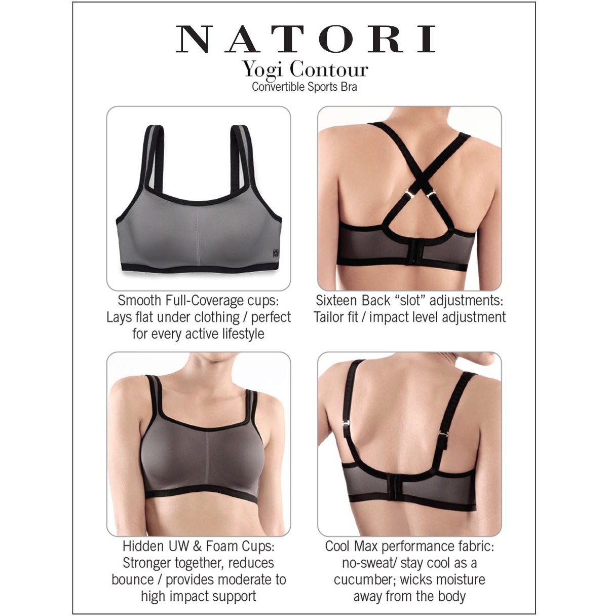 Natori Women's Convertible Coolmax Yogi Contour High Impact Sports Bra -Grey