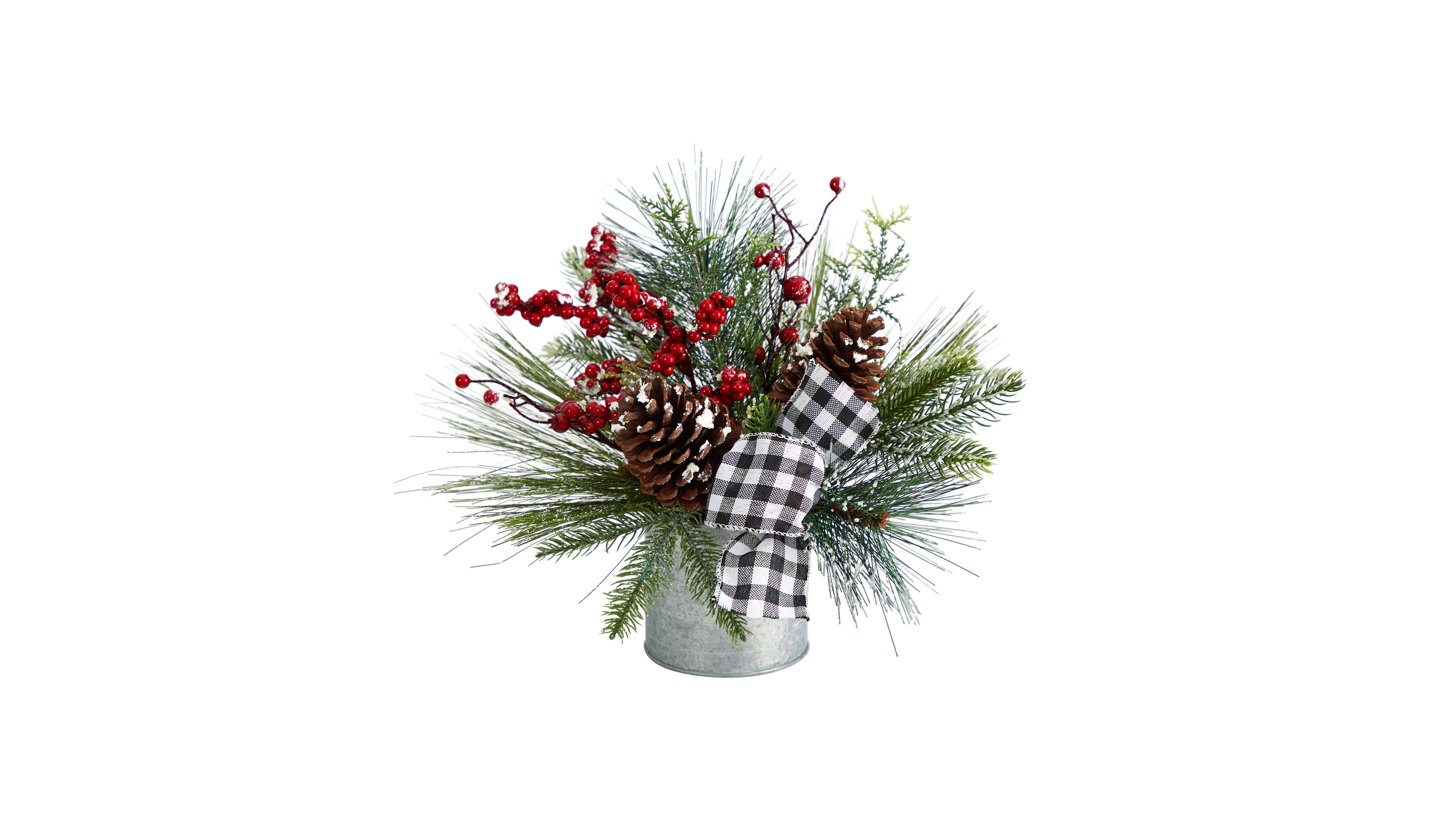 Frosted Pinecones and Berries Artificial Arrangement in Vase with Decorative Plaid Bow, 12"