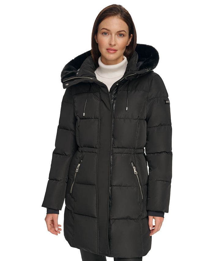 DKNY Women’s Parka Coat Faux Fur Trim Hood Front Zipper & Snaps Black Size  XS
