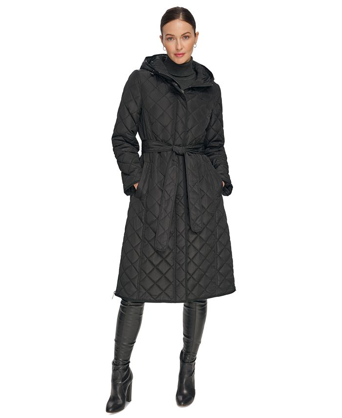DKNY - Women's Hooded Belted Quilted Coat