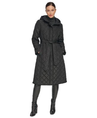 DKNY Women's Hooded Belted Quilted Coat - Macy's