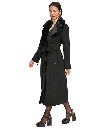 Dkny faux leather trim wrap coat outlet