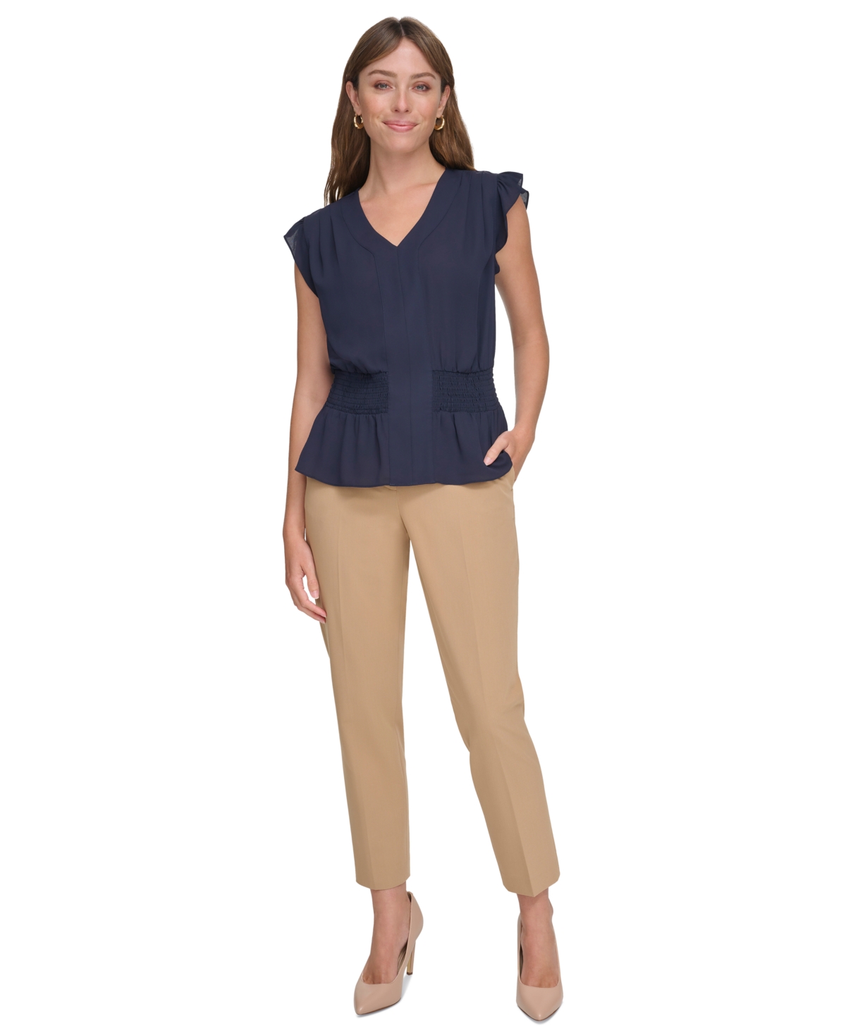 Tommy Hilfiger Women's Ruffled Smocked V-Neck Top