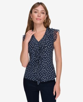 売れ筋商品|||トミー ヒルフィガー カットソー トップス レディース Women's Ruffled Smocked V-Neck Top Ivory/ Midnight Tommy Hilfiger Women's Ruffled Mixed-Media Top - Macy's