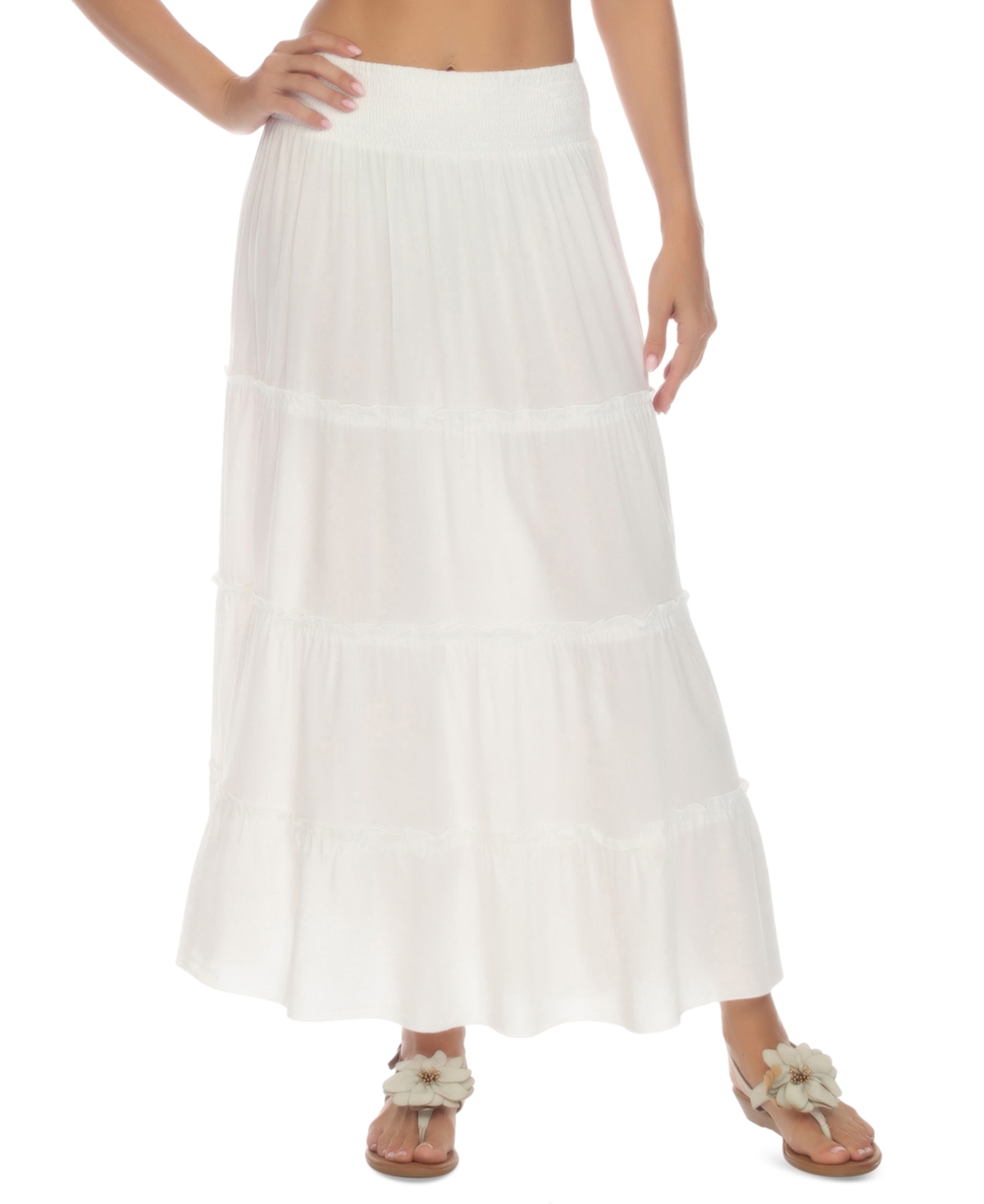 Women's Smocked-Waist Tiered Skirt Cover-Up - White