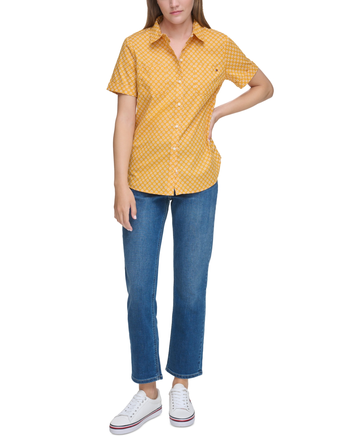 Tommy Hilfiger Women's Short Sleeve Camp Button-down Shirt In Sunfowel Multi