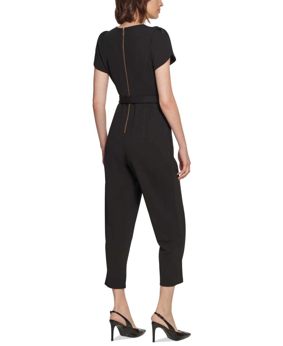 Calvin Klein Petite Puff-Sleeve Belted Jumpsuit