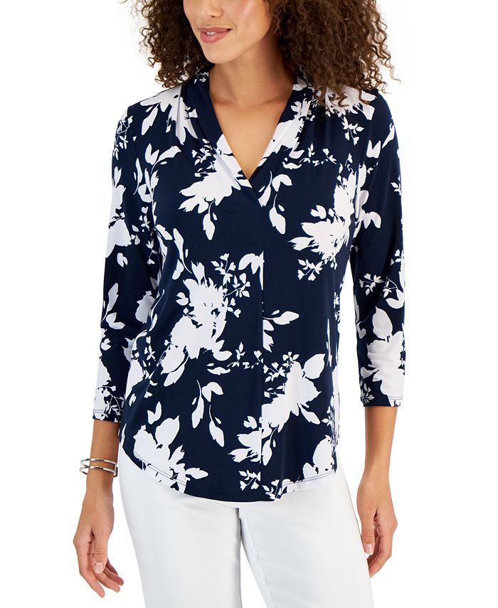 JM Collection Petite Printed V-Neck Top, Created for Macy's - Macy's