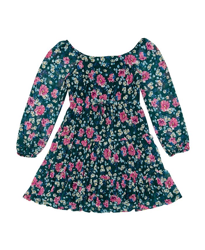 Trixxi Big Girls Long Sleeve Floral Printed Mesh with Tiered Skirt ...