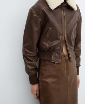 MANGO Women's Shearling Collar Leather Bomber Jacket