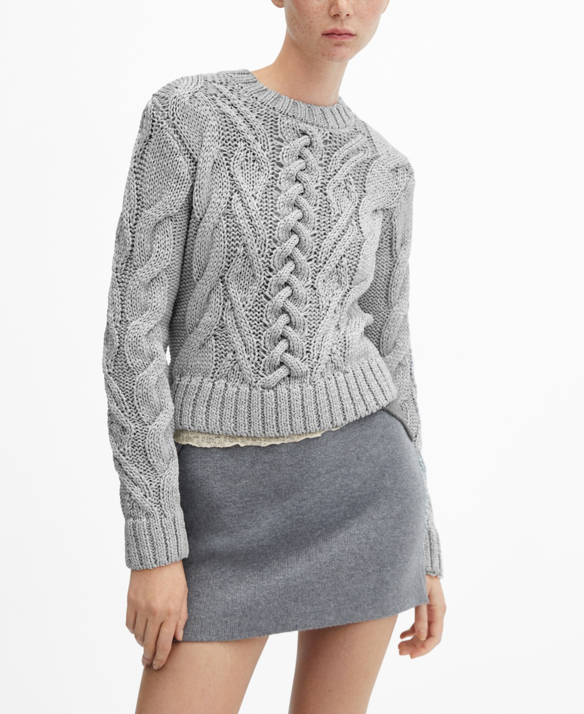 Mango Knitted Braided Sweater Silver