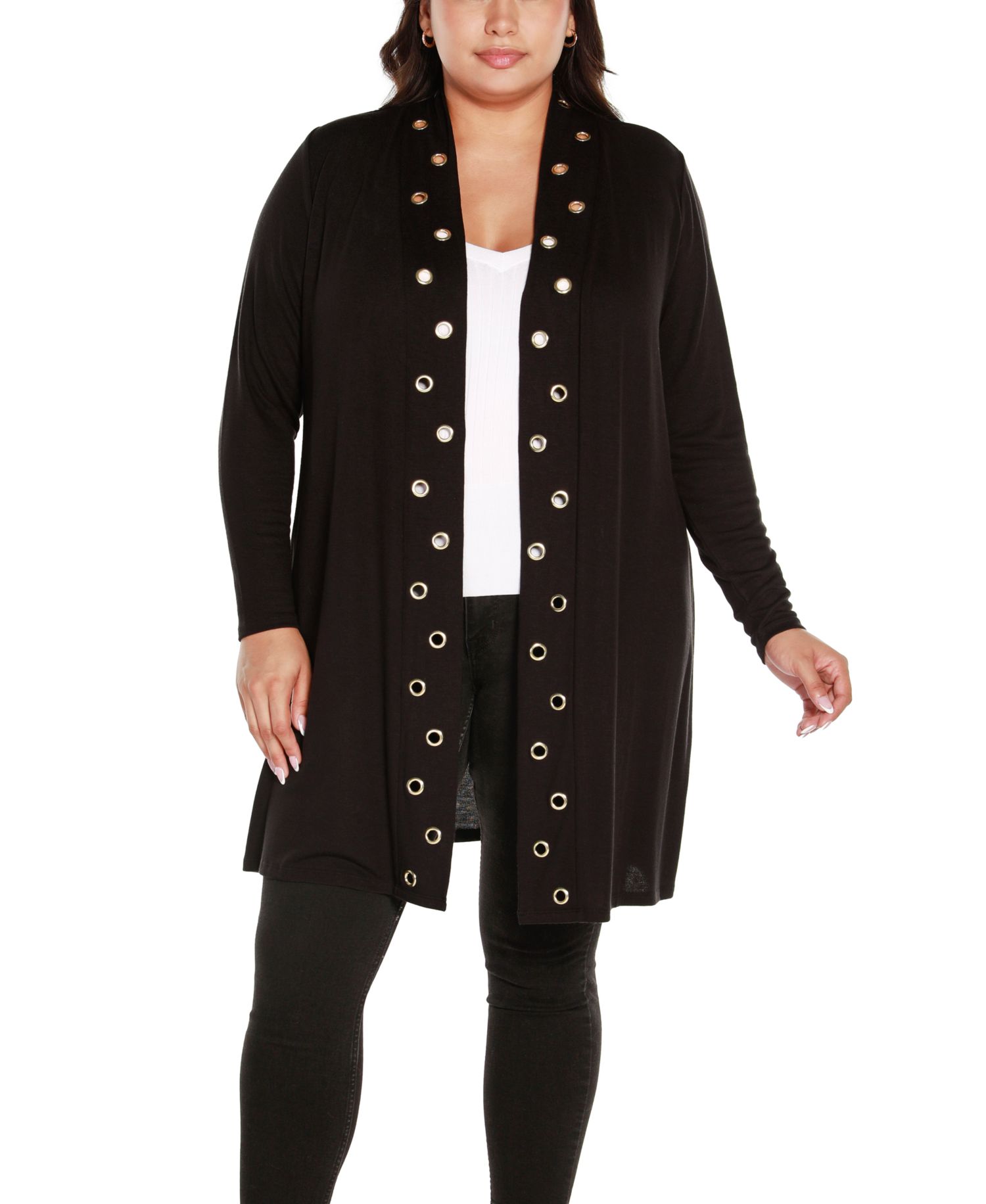Plus Long Sleeve Grommet-Trim Cardigan Top