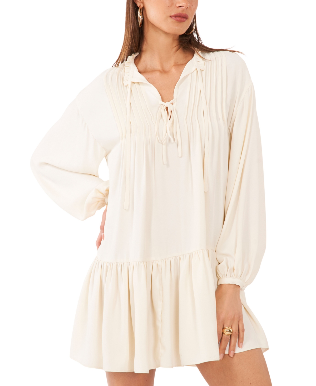 1.state Women's Split-neck Pintuck-front Trapeze Dress In New Ivory