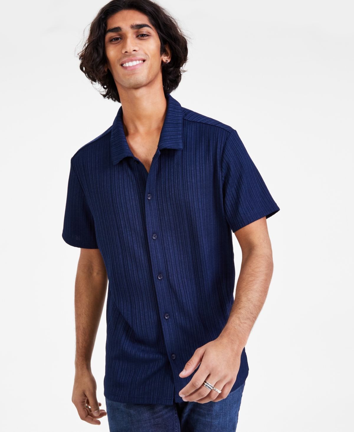 Inc International Concepts Men's Rib Knit Button-up Short-sleeve Shirt, Created For Macy's In Basic Navy