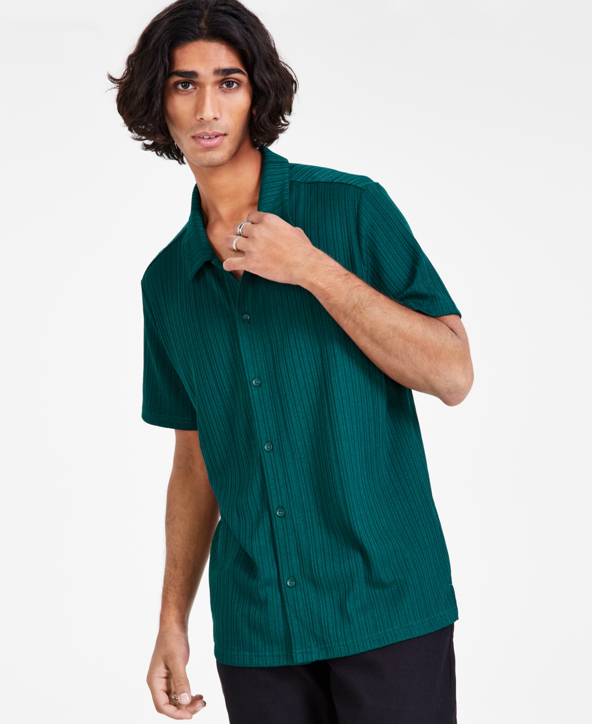 Inc International Concepts Men's Rib Knit Button-up Short-sleeve Shirt, Created For Macy's In Dark Forest
