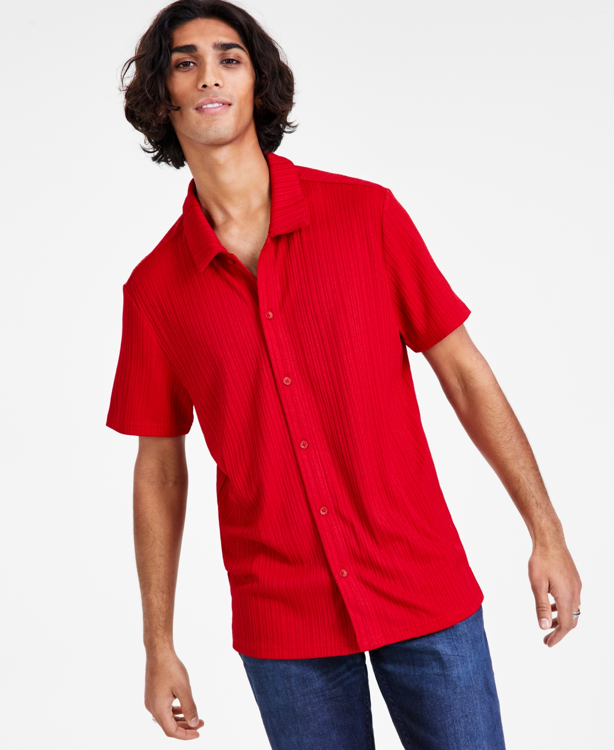 Inc International Concepts Men's Rib Knit Button-up Short-sleeve Shirt, Created For Macy's In Red Polish