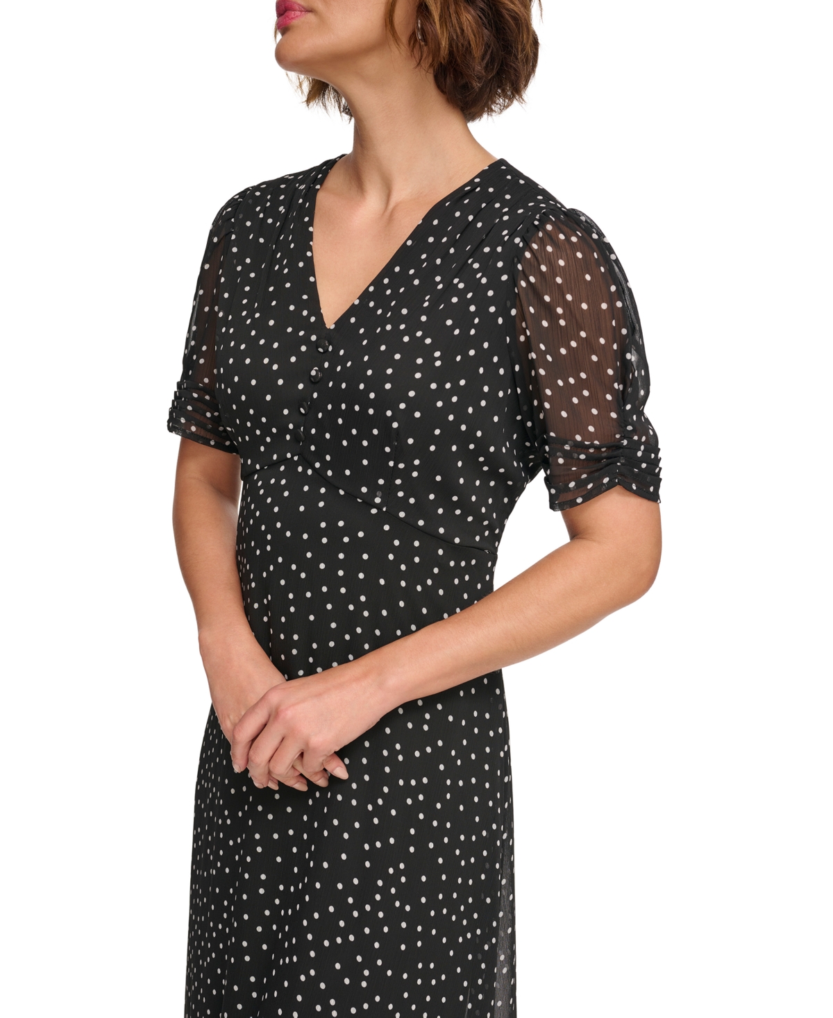 Shop Dkny Women's Polka-dot V-neck Button-trim Midi Dress In Black,ivory