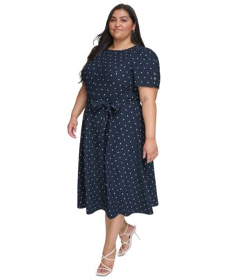 DKNY - Plus Size Polka-Dot Ruched-Sleeve Midi Dress