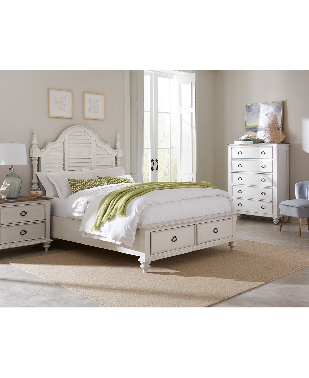 Shop Macy's Mandeville 3pc Bedroom Set (louvered Queen Storage Bed + Drawer Chest + 2-drawer Nightstand) In White