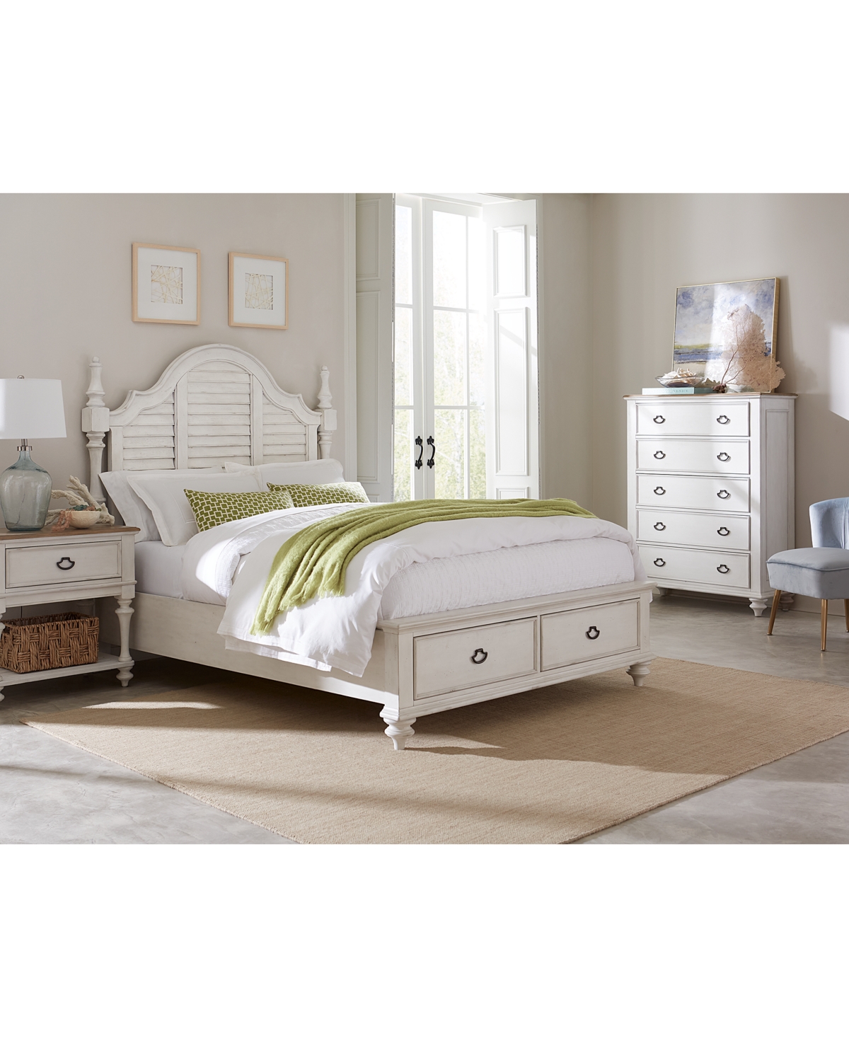 Shop Macy's Mandeville 3pc Bedroom Set (louvered Queen Storage Bed + Drawer Chest + 1-drawer Nightstand) In White