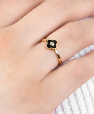 Cubic Zirconia & Black Clay Clover Ring in 14k Gold-Plated Sterling Silver