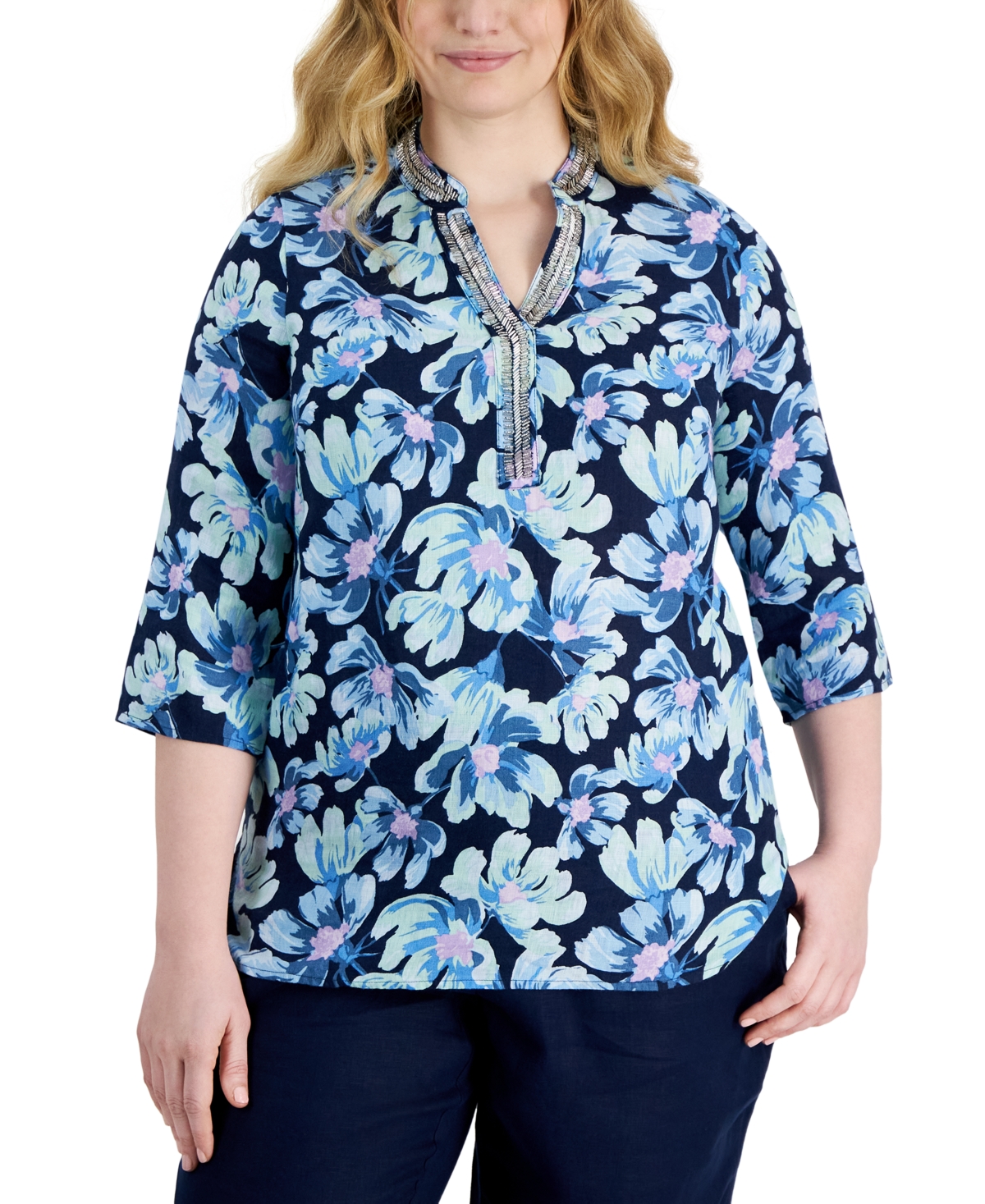 Plus Size 100% Linen Embellished Split-Neck Tunic Top, Created for Macy's - Intrepid Blue Combo