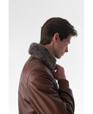 Men's Detachable Shearling Collar Leather Jacket, Jumbo Tan