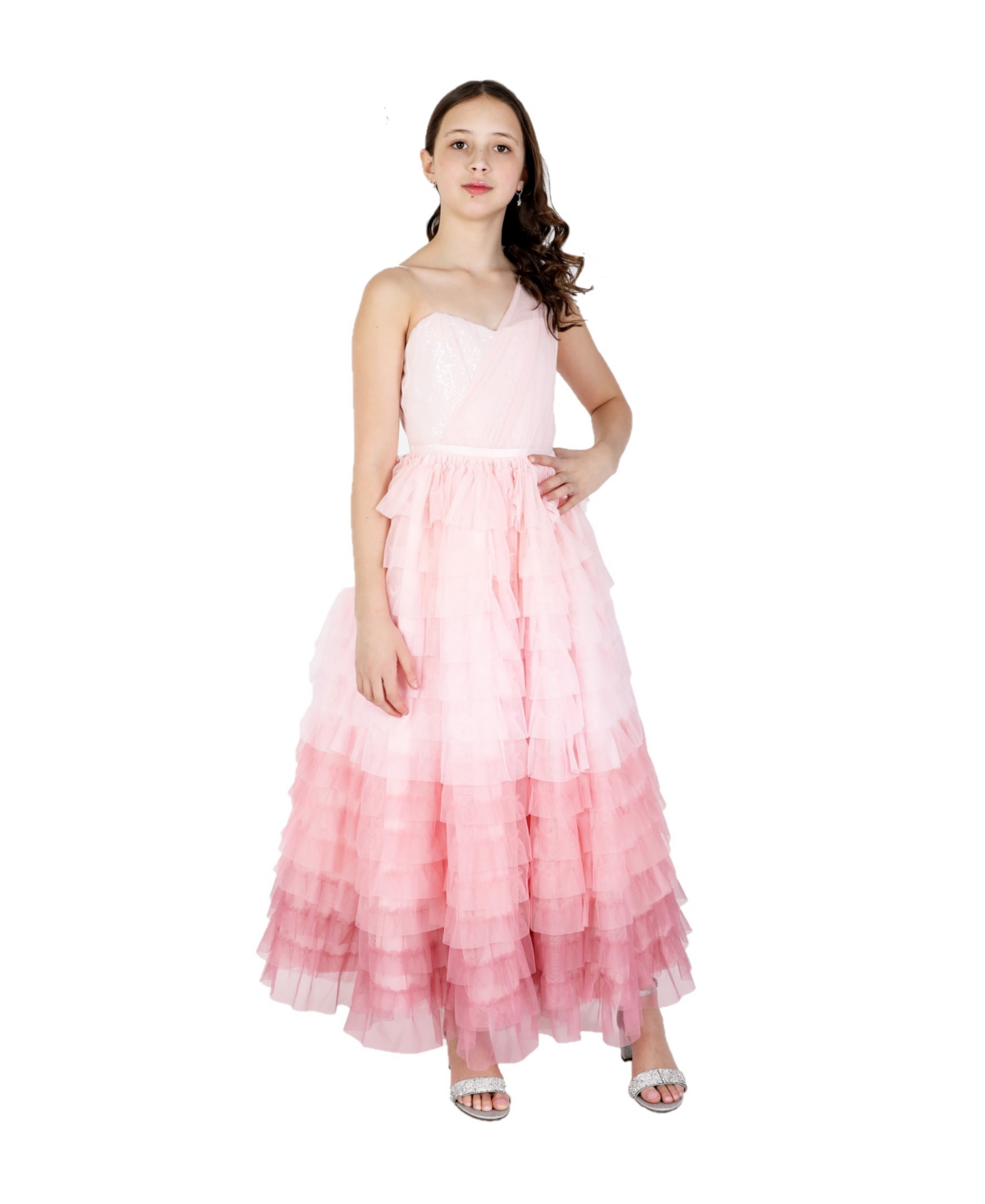 CHRISTIAN SIRIANO BIG GIRLS SEQUIN BODICE TIERED ONE-SHOULDER MAXI GOWN