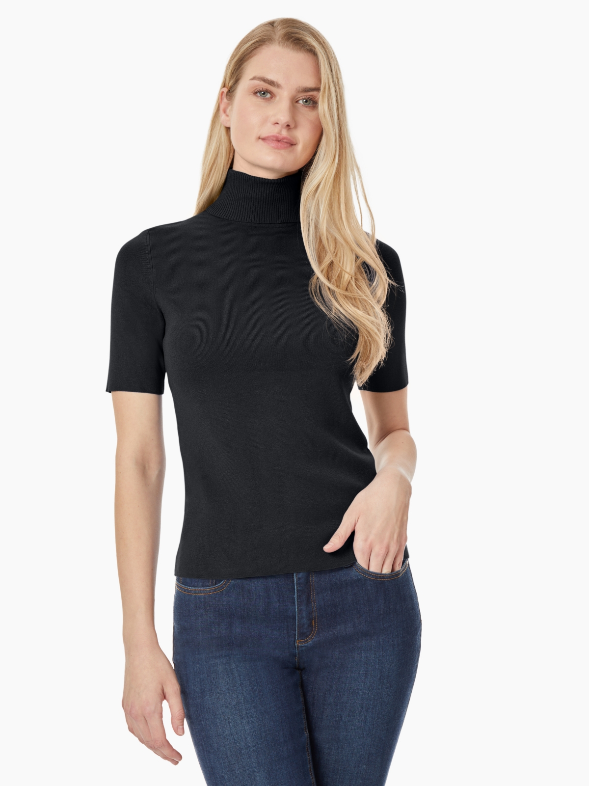 Jones New York Petite Short-sleeve Turtleneck Sweater In Black