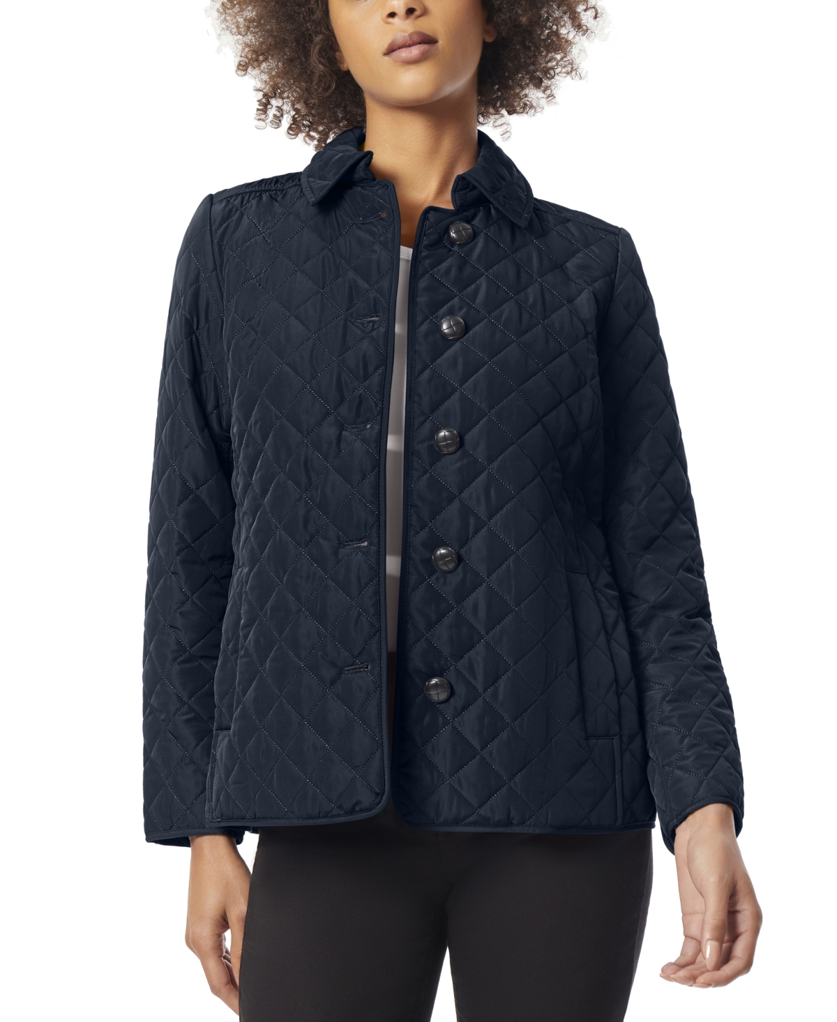 Jones New York Petite Quilted Button-down Long-sleeve Coat In Pacific Navy