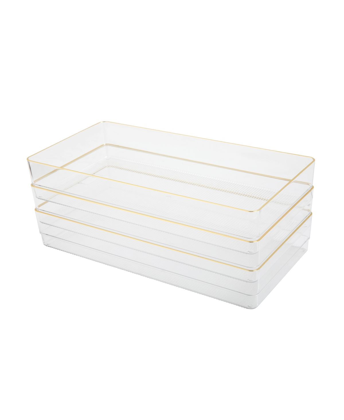 Kerry 3 Piece Plastic Stackable Office Desk Drawer Organizers, 12" x 6" - Clear, Gold Trim