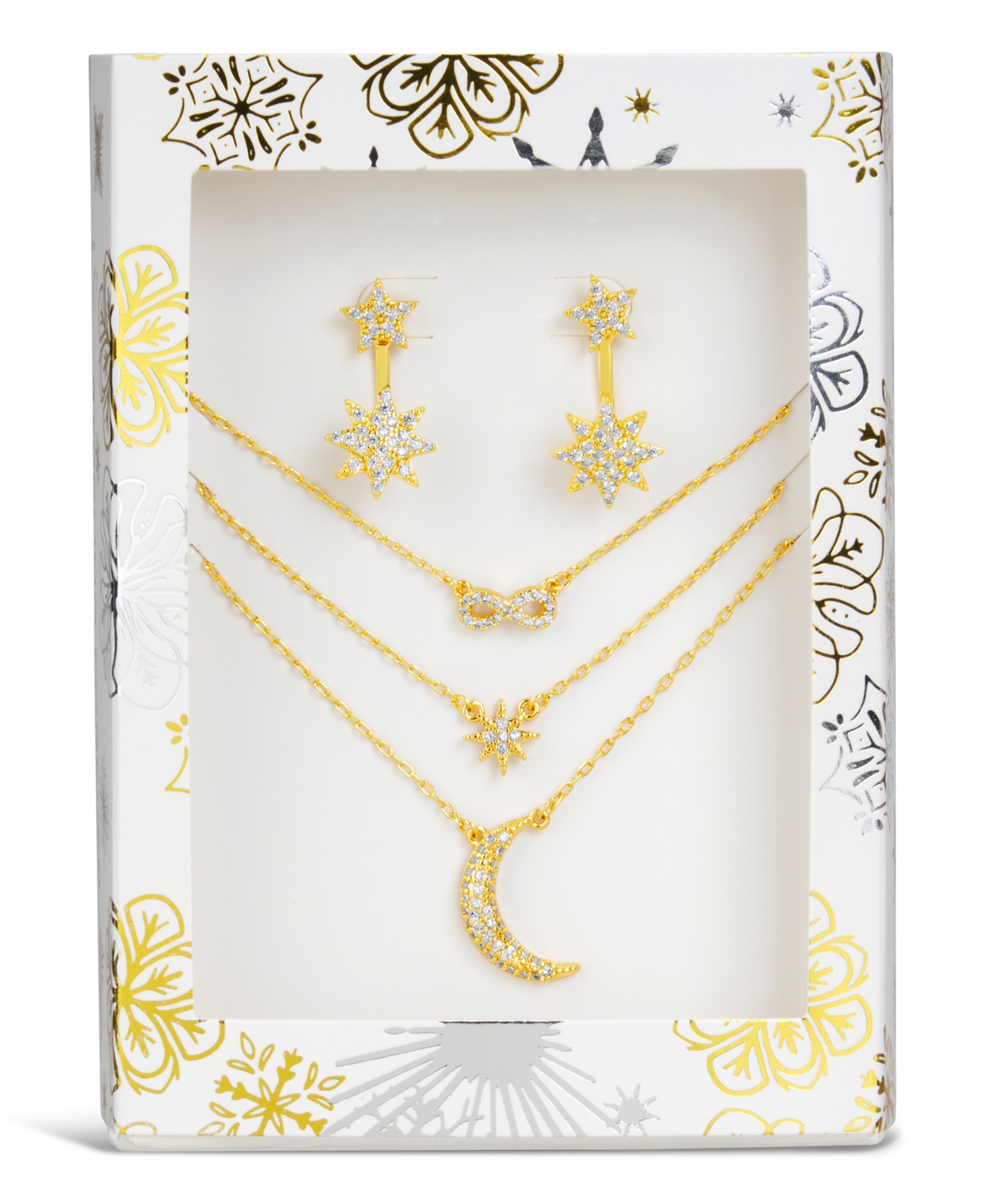 Sterling Forever Cubic Zirconia Snowflake Stud Earring And Layered Necklace Peace & Joy Gift Set In Gold
