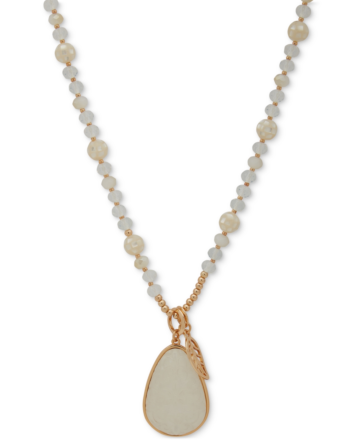 Lonna & Lilly Gold-tone White Long Bead Carved Pendant Necklace, 30" + 3" Extender